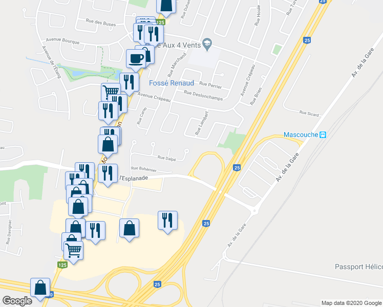 map of restaurants, bars, coffee shops, grocery stores, and more near 380 Rue Dalpé in Mascouche