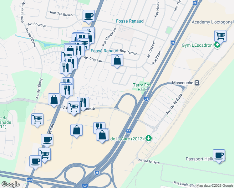 map of restaurants, bars, coffee shops, grocery stores, and more near 380 Rue Dalpé in Mascouche