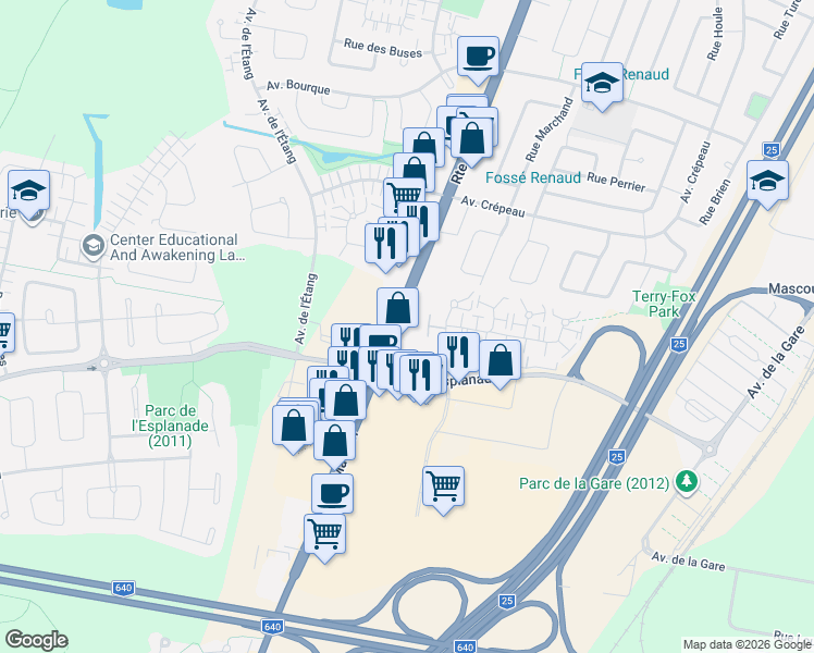map of restaurants, bars, coffee shops, grocery stores, and more near 321 Montée Masson in Mascouche