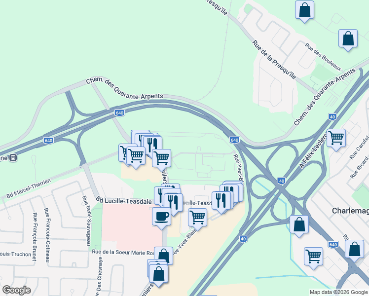 map of restaurants, bars, coffee shops, grocery stores, and more near 1220 Avenue De La Croisée in Terrebonne