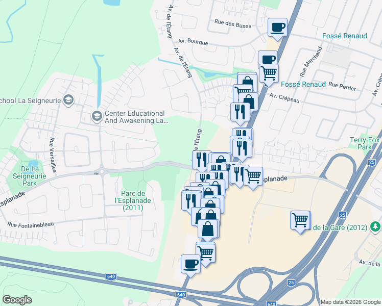 map of restaurants, bars, coffee shops, grocery stores, and more near 40 Avenue de l'Étang in Mascouche