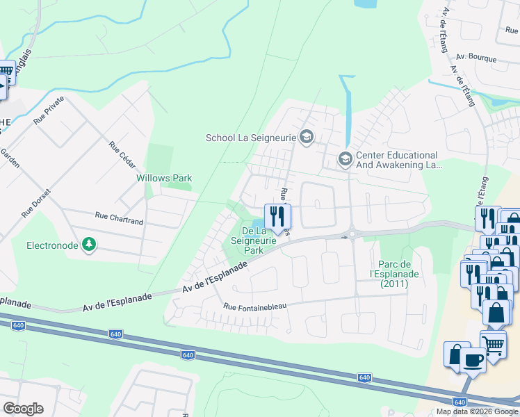 map of restaurants, bars, coffee shops, grocery stores, and more near 735 Rue Montmartre in Mascouche