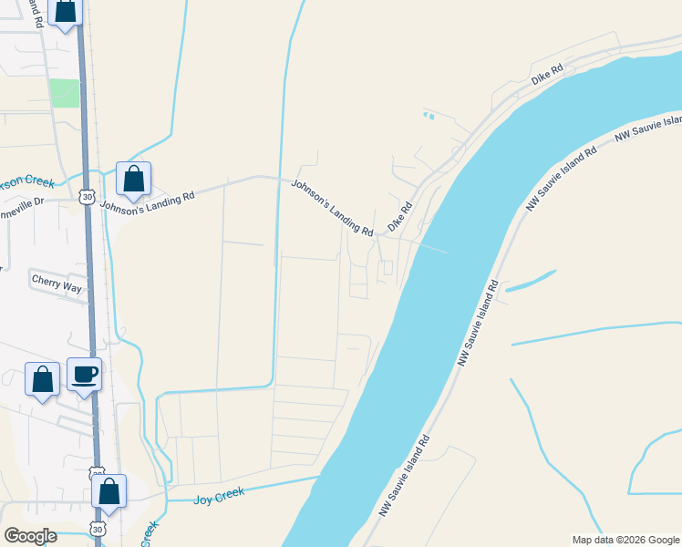 map of restaurants, bars, coffee shops, grocery stores, and more near 34202 Johnson's Landing Road in Scappoose