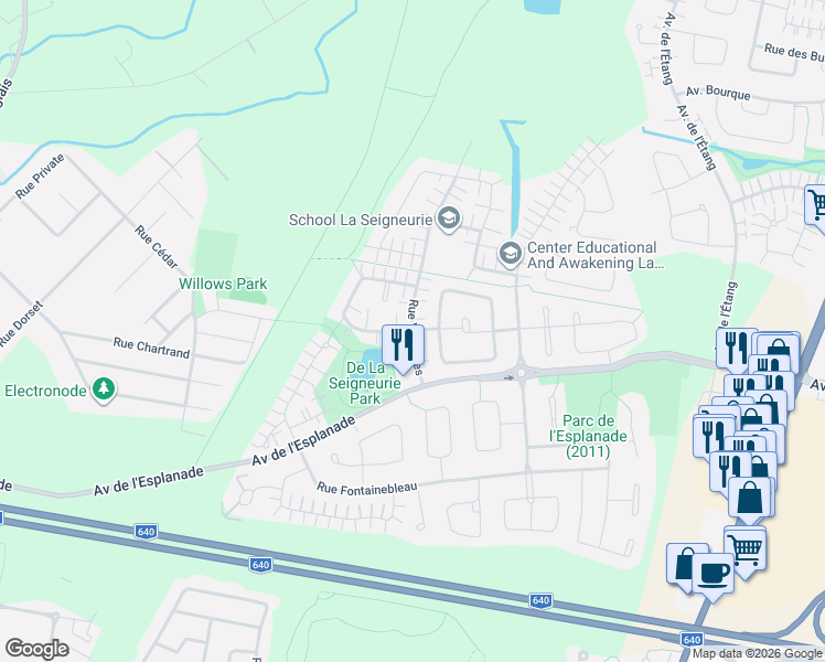 map of restaurants, bars, coffee shops, grocery stores, and more near 625 Rue Montmartre in Mascouche
