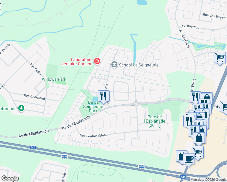map of restaurants, bars, coffee shops, grocery stores, and more near Rue Margaux in Mascouche