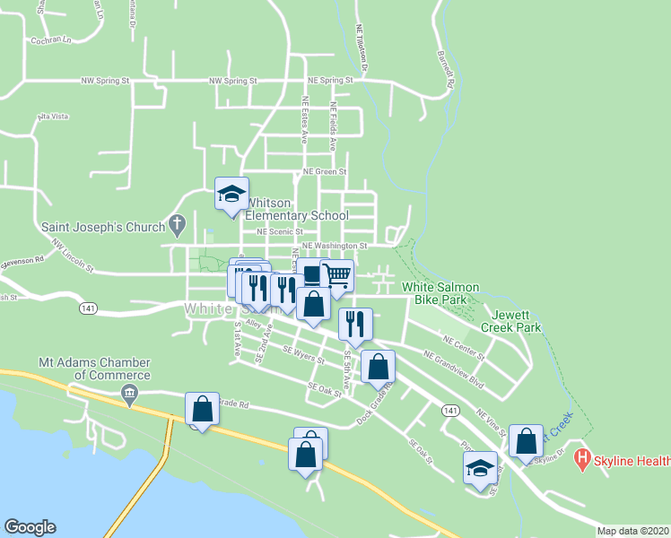 map of restaurants, bars, coffee shops, grocery stores, and more near 216 Northeast Snohomish Avenue in White Salmon