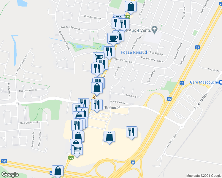 map of restaurants, bars, coffee shops, grocery stores, and more near 404 Rue Bohémier in Mascouche