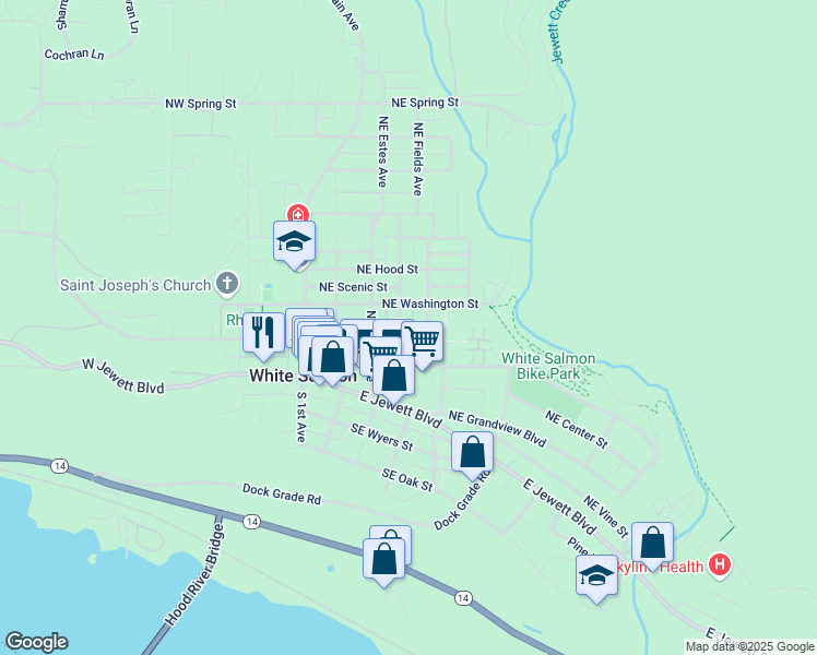 map of restaurants, bars, coffee shops, grocery stores, and more near 216 Northeast Snohomish Avenue in White Salmon