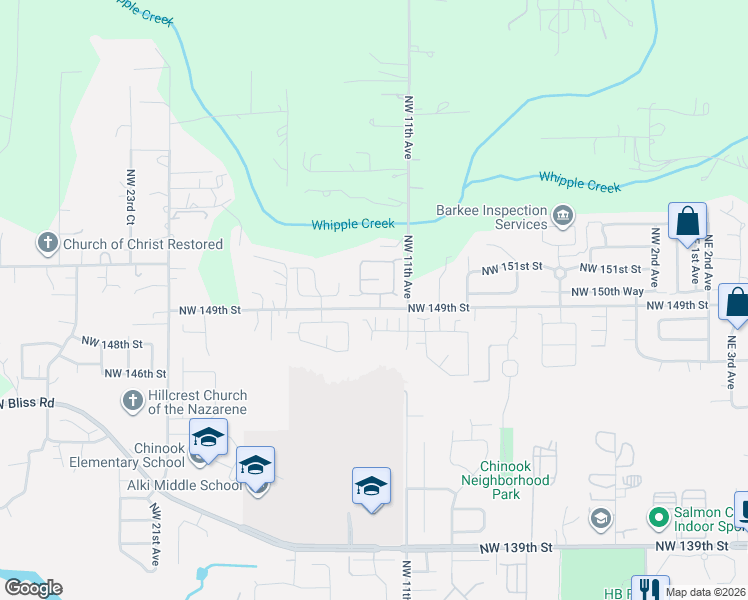 map of restaurants, bars, coffee shops, grocery stores, and more near 1203 Northwest 150th Street in Vancouver