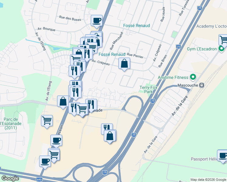 map of restaurants, bars, coffee shops, grocery stores, and more near 325 Place Larose in Mascouche