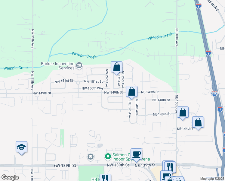 map of restaurants, bars, coffee shops, grocery stores, and more near 207 Northwest 150th Way in Vancouver