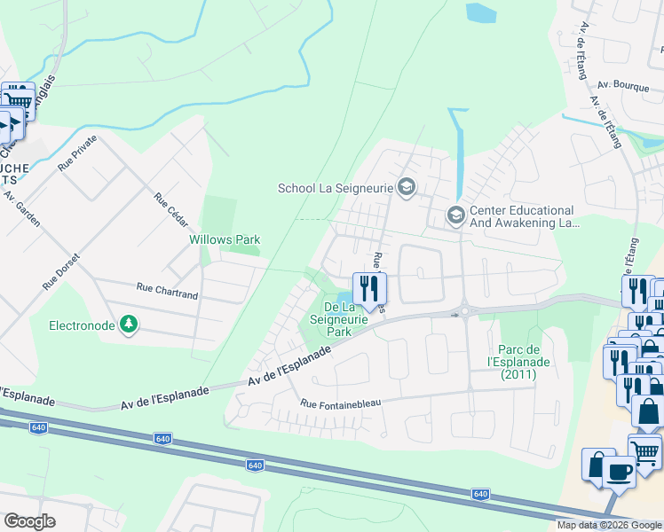 map of restaurants, bars, coffee shops, grocery stores, and more near 735 Rue Montmartre in Mascouche