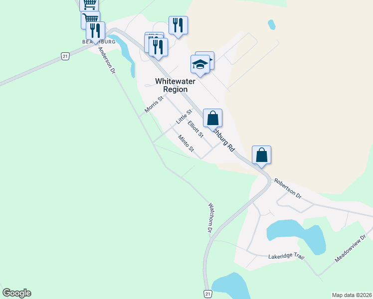 map of restaurants, bars, coffee shops, grocery stores, and more near 9 Minto Street in Whitewater Region
