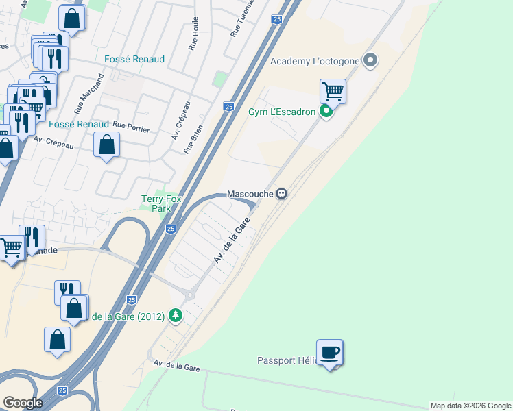 map of restaurants, bars, coffee shops, grocery stores, and more near in Mascouche