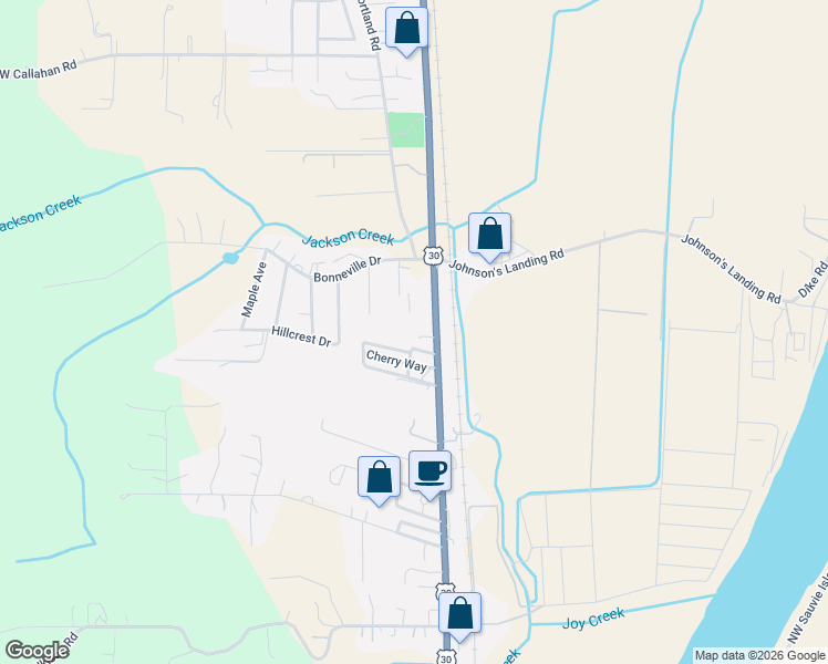 map of restaurants, bars, coffee shops, grocery stores, and more near 50521 Bark Way in Scappoose