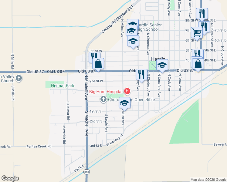 map of restaurants, bars, coffee shops, grocery stores, and more near 1st Street West in Hardin