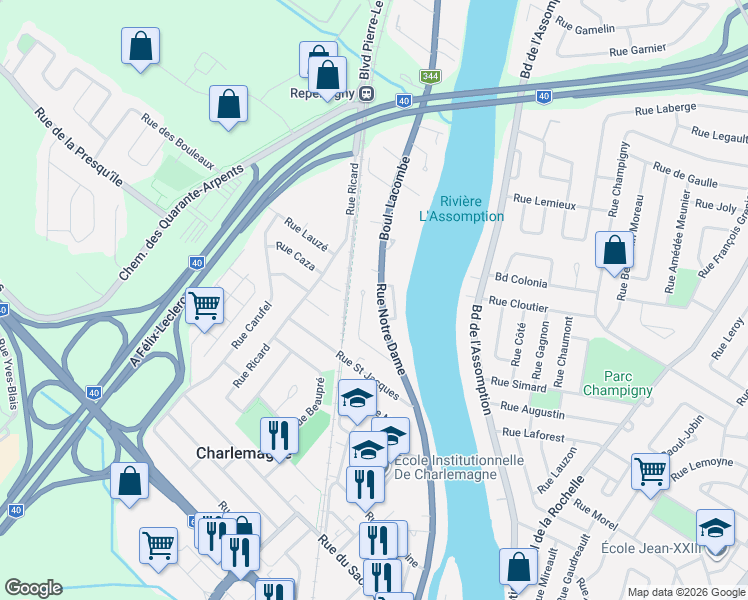 map of restaurants, bars, coffee shops, grocery stores, and more near 371 Rue Notre Dame in Charlemagne