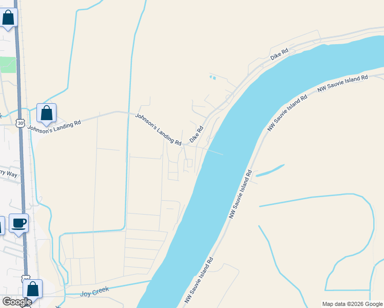 map of restaurants, bars, coffee shops, grocery stores, and more near 34326 Johnson's Landing Road in Scappoose