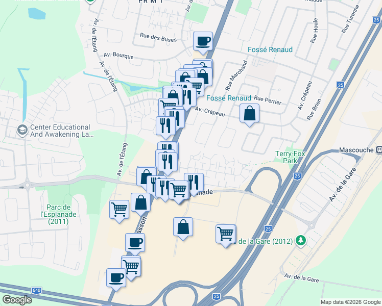 map of restaurants, bars, coffee shops, grocery stores, and more near 340 Rue Bohémier in Mascouche