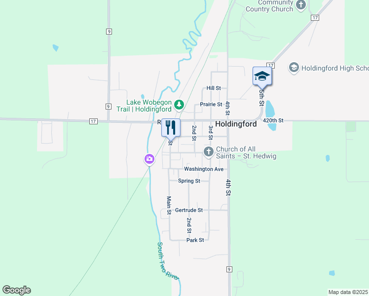map of restaurants, bars, coffee shops, grocery stores, and more near 140 Cedar Street in Holdingford