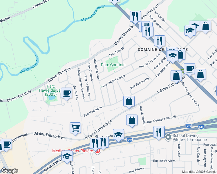 map of restaurants, bars, coffee shops, grocery stores, and more near 2261 Rue du Consul in Terrebonne