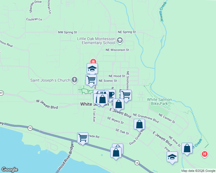 map of restaurants, bars, coffee shops, grocery stores, and more near 230 Northeast Lincoln Street in White Salmon