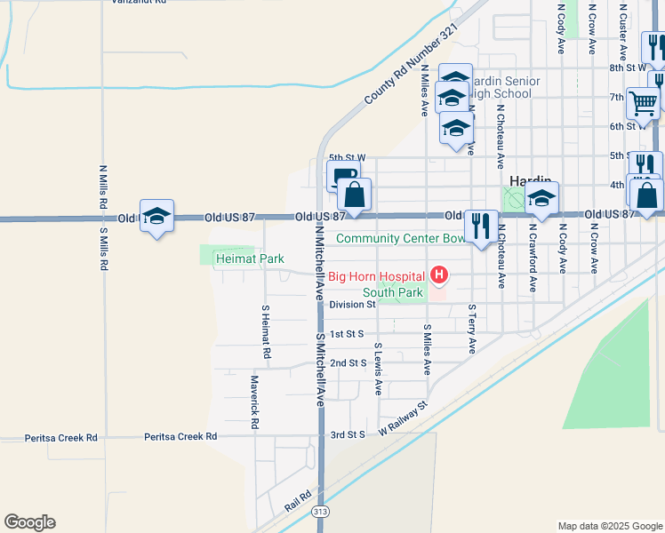 map of restaurants, bars, coffee shops, grocery stores, and more near 5 N Mitchell Ave in Hardin