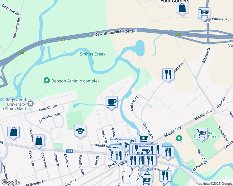 map of restaurants, bars, coffee shops, grocery stores, and more near Maxwell Drive in Sussex