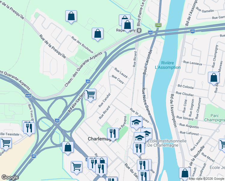 map of restaurants, bars, coffee shops, grocery stores, and more near 260 Rue Carufel in Charlemagne