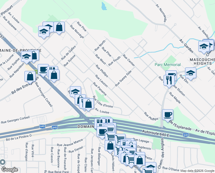 map of restaurants, bars, coffee shops, grocery stores, and more near Rue Lauzon in Mascouche