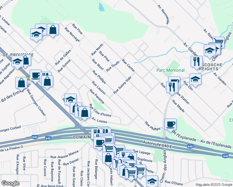 map of restaurants, bars, coffee shops, grocery stores, and more near 1540 Rue Phillips in Mascouche