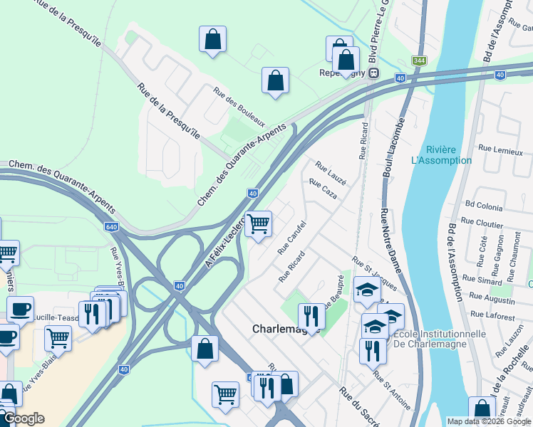 map of restaurants, bars, coffee shops, grocery stores, and more near 65 Rue des Manoirs in Charlemagne