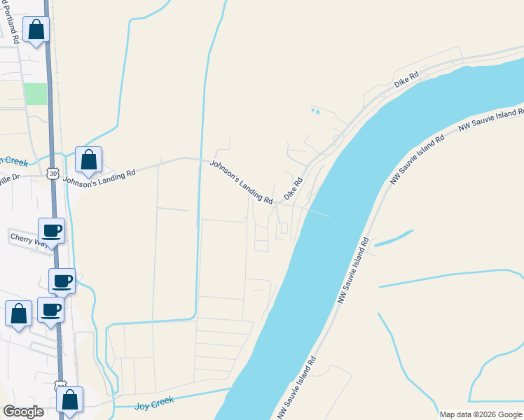 map of restaurants, bars, coffee shops, grocery stores, and more near 34202 Johnson's Landing Road in Scappoose