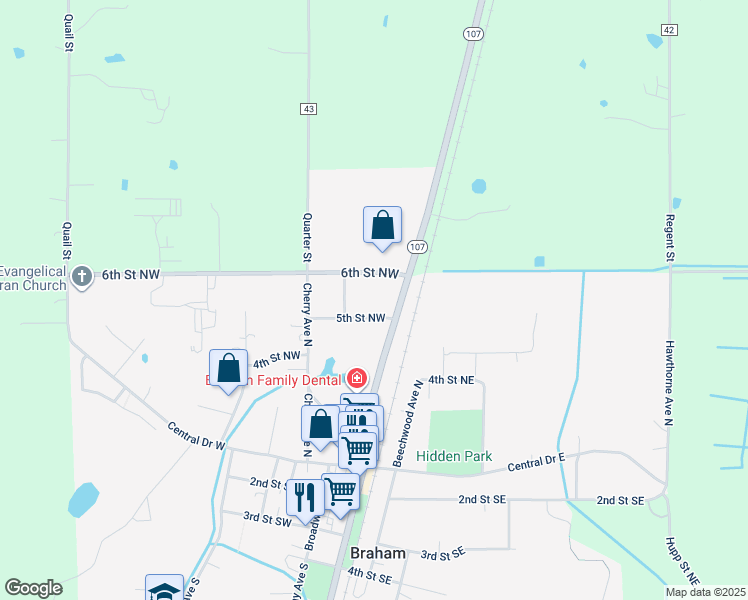 map of restaurants, bars, coffee shops, grocery stores, and more near 106 5th Street Northwest in Braham