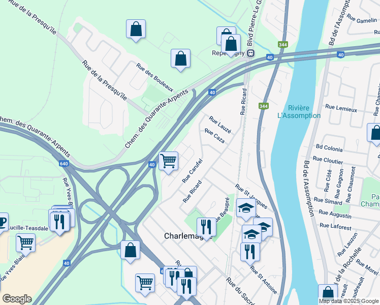 map of restaurants, bars, coffee shops, grocery stores, and more near 80 Rue des Manoirs in Charlemagne