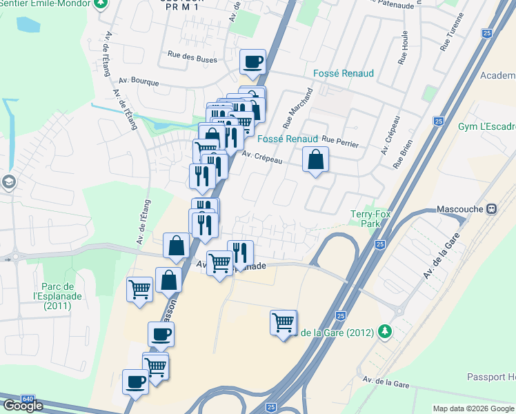 map of restaurants, bars, coffee shops, grocery stores, and more near 437 Rue Marchand in Mascouche