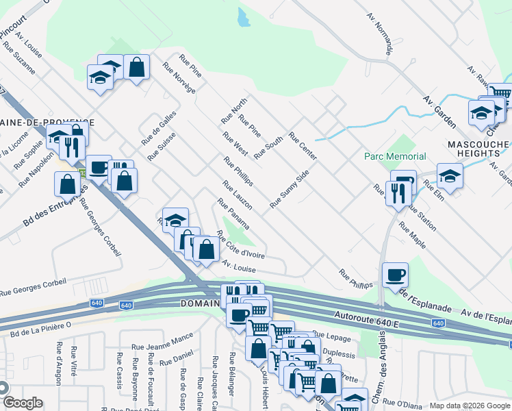 map of restaurants, bars, coffee shops, grocery stores, and more near Rue Lauzon in Mascouche