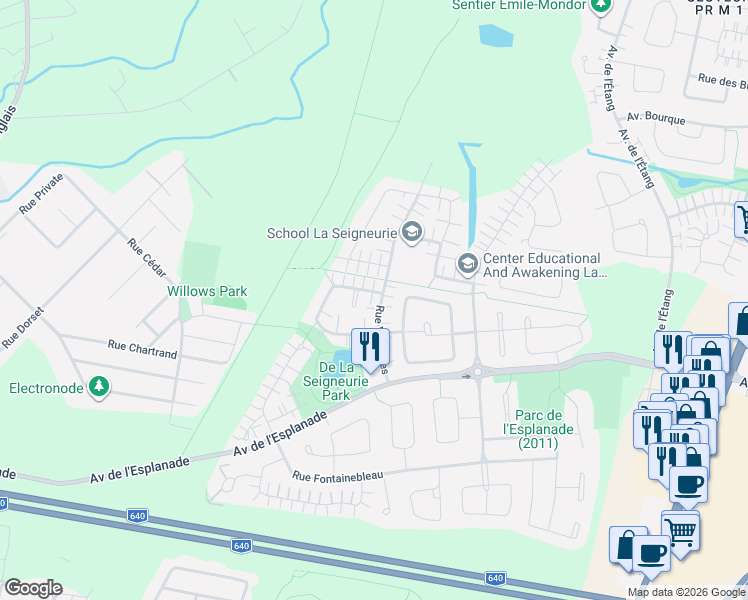map of restaurants, bars, coffee shops, grocery stores, and more near 625 Rue Montmartre in Mascouche