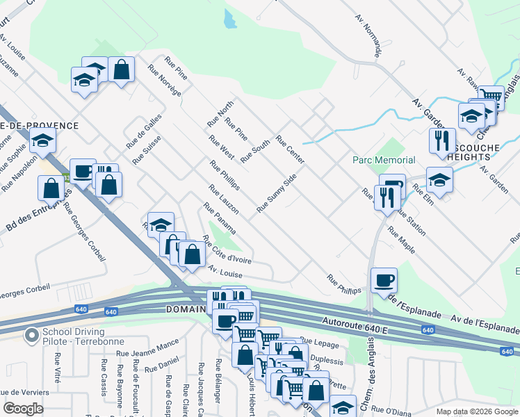 map of restaurants, bars, coffee shops, grocery stores, and more near 1538 Avenue Phillips in Mascouche
