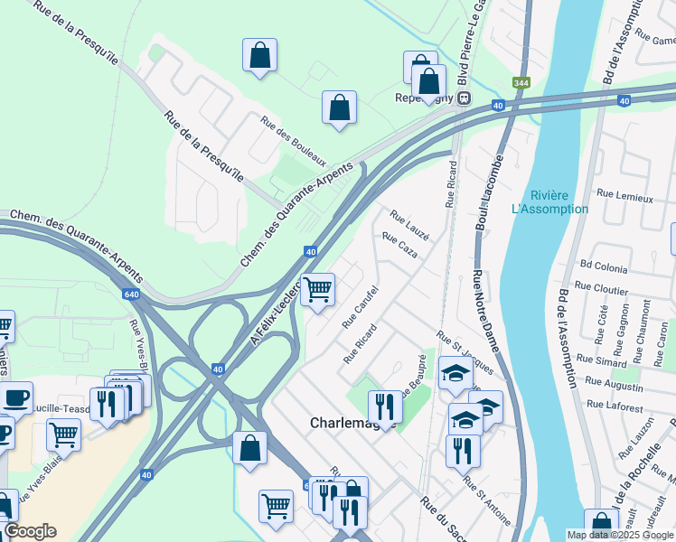 map of restaurants, bars, coffee shops, grocery stores, and more near 75 Rue des Manoirs in Charlemagne