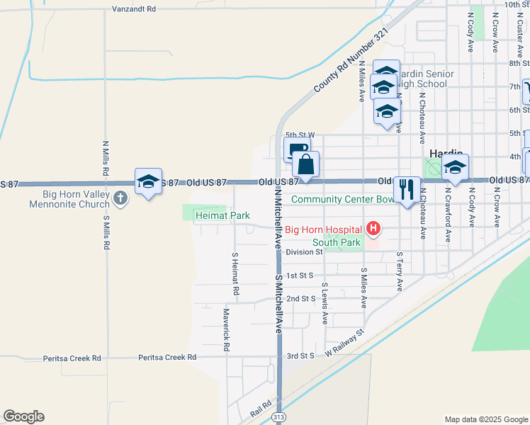map of restaurants, bars, coffee shops, grocery stores, and more near 247 North Heimat Road in Hardin