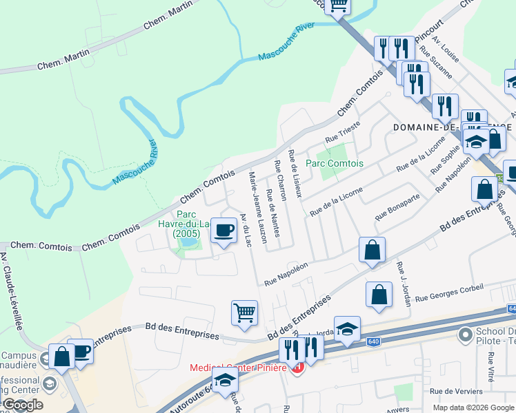 map of restaurants, bars, coffee shops, grocery stores, and more near Marie-Jeanne Lauzon in Terrebonne