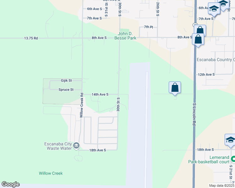 map of restaurants, bars, coffee shops, grocery stores, and more near 1031-1499 S 30th St in Escanaba