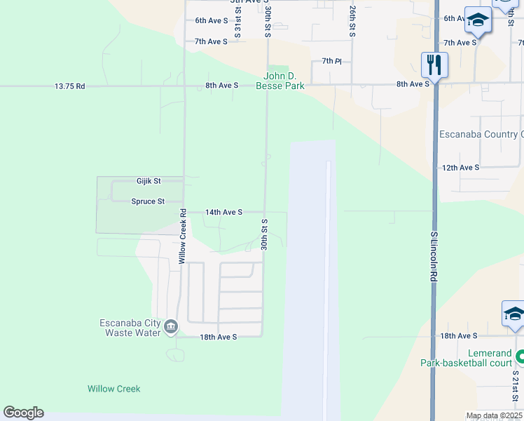 map of restaurants, bars, coffee shops, grocery stores, and more near 1031-1499 S 30th St in Escanaba