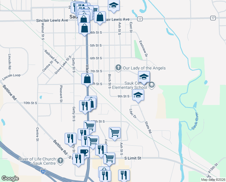 map of restaurants, bars, coffee shops, grocery stores, and more near 809 Birch Street South in Sauk Centre