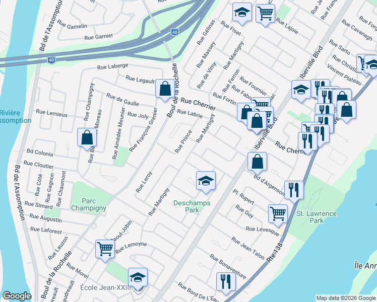 map of restaurants, bars, coffee shops, grocery stores, and more near 269 Rue Martigny in Repentigny
