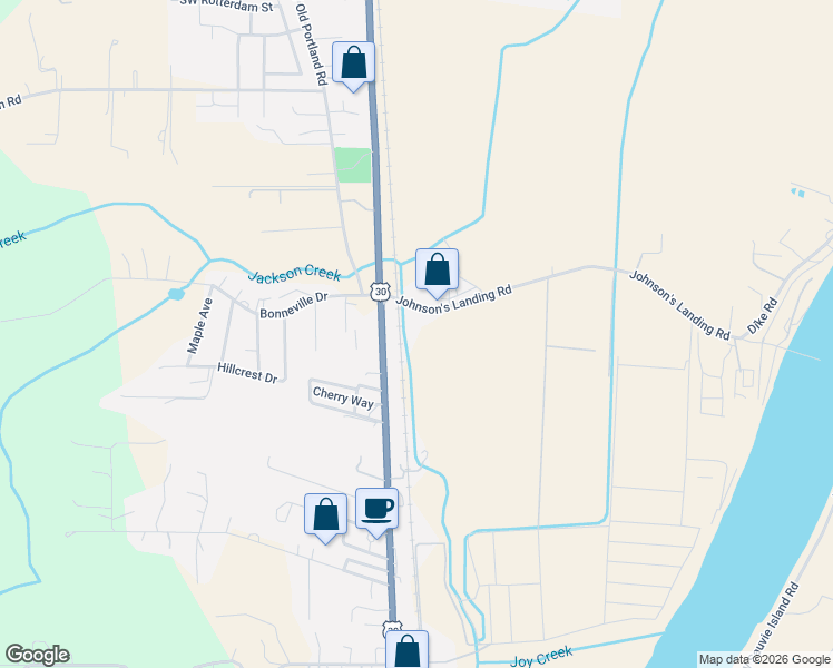 map of restaurants, bars, coffee shops, grocery stores, and more near 33668 Johnson's Landing Road in Scappoose