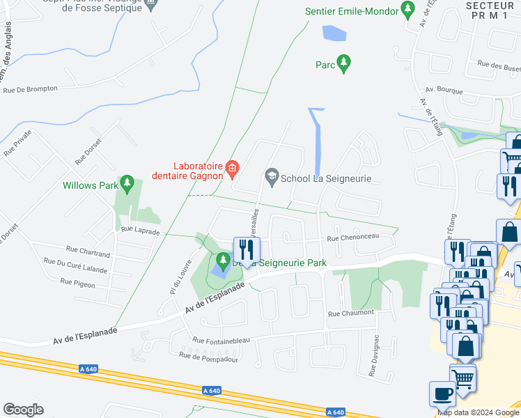 map of restaurants, bars, coffee shops, grocery stores, and more near 2430 Rue Versailles in Mascouche