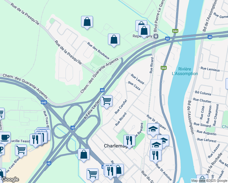 map of restaurants, bars, coffee shops, grocery stores, and more near 85 Rue des Manoirs in Charlemagne