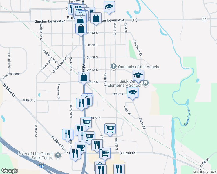 map of restaurants, bars, coffee shops, grocery stores, and more near 809 Birch Street South in Sauk Centre